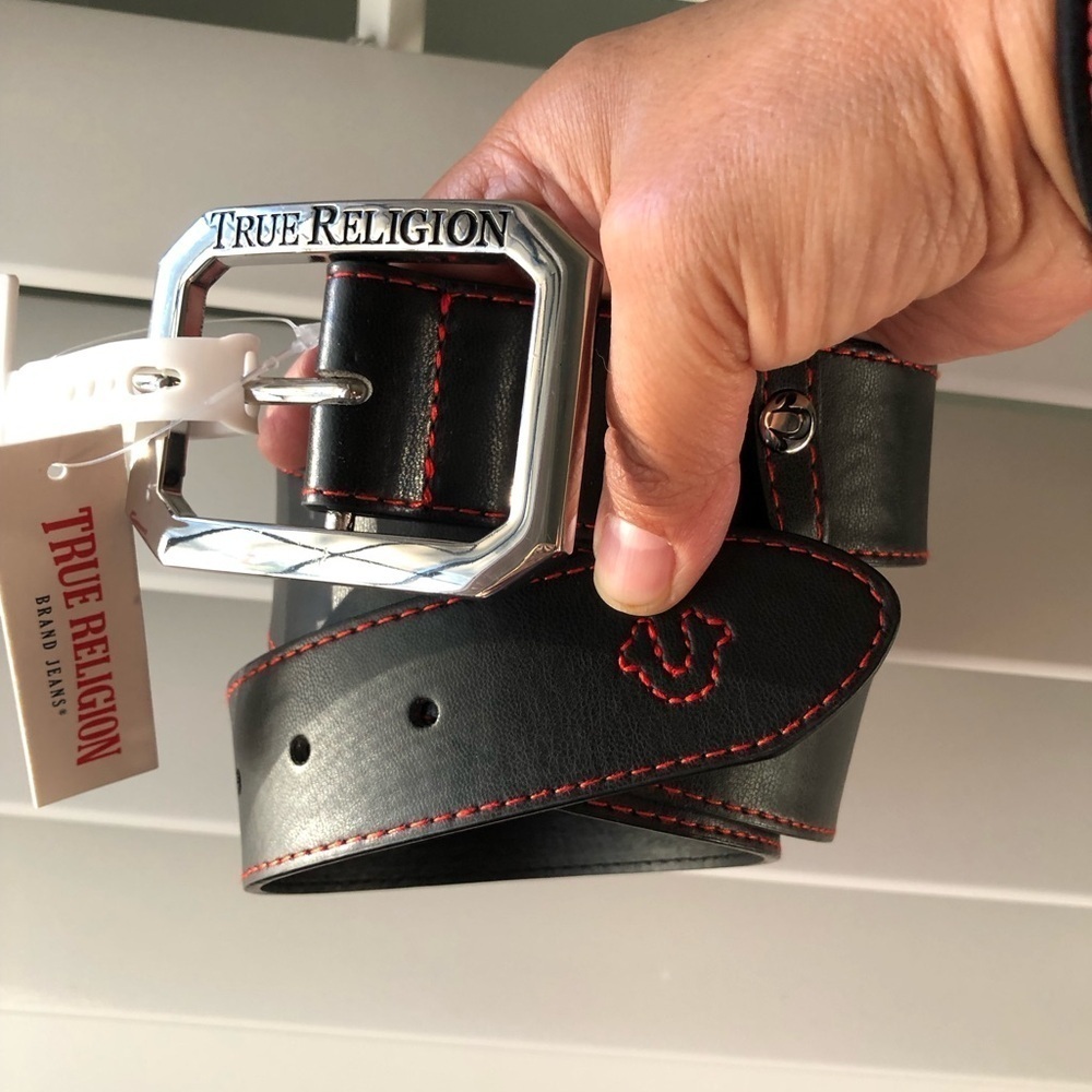 True Religion Black Leather Belt with Red stitching men’s L-XL
